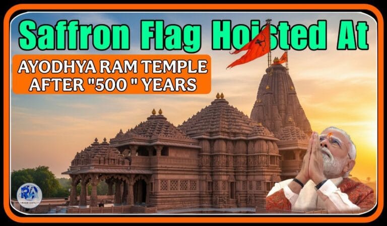 Newly completed Ayodhya Ram Temple with saffron flag hoisted on top