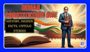 Dr. B.R. Ambedkar holding the Constitution with Indian Parliament and tricolor background Constitution Day