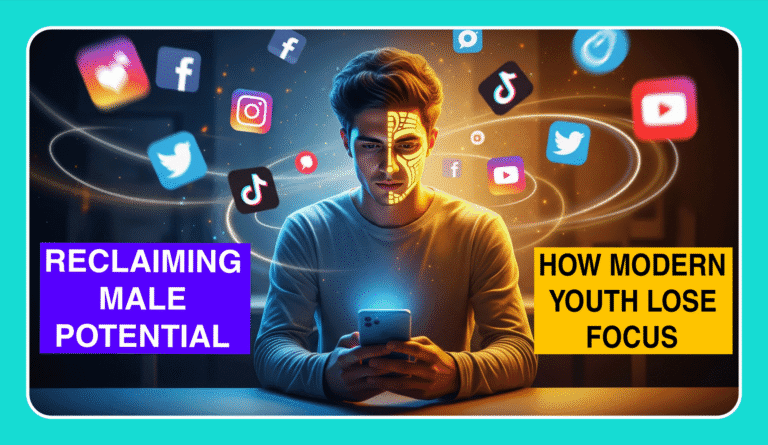 Young man trapped between social media dopamine distractions and disciplined self-growth.