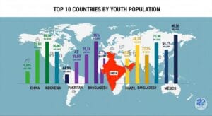 Top 10 countries by youth population with India leading at 24 crore infographic.