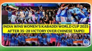 Indian women’s kabaddi team celebrates winning the 2025 Women’s Kabaddi World Cup with the Indian flag.