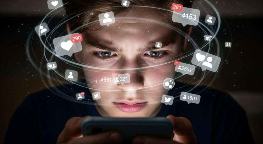 Teenager experiencing anxiety and stress due to excessive social media use.
