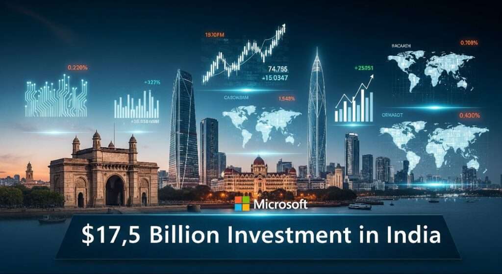 Microsoft announces its $17.5 billion investment in India with global tech and financial visuals.

