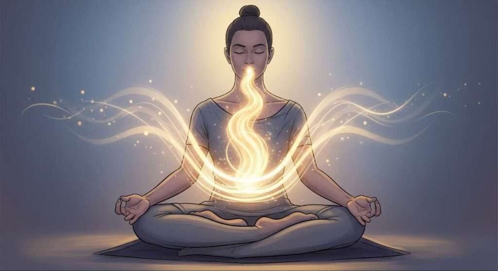 Prana energy entering the body through breath in yoga