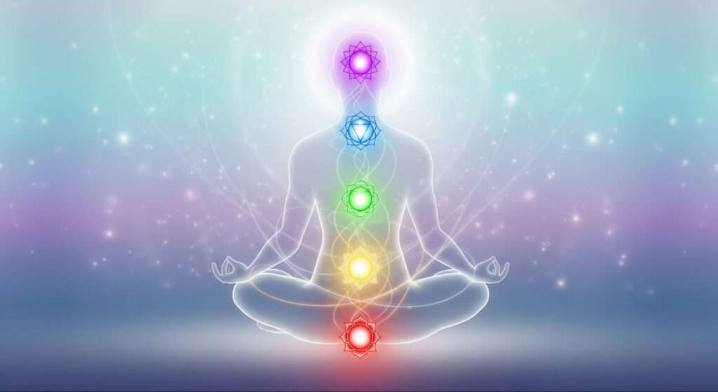 Seven chakras aligned along the human spine
