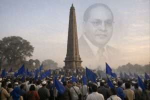 Bhima Koregaon victory pillar with Ambedkar symbolizing Dalit history and January 1 significance