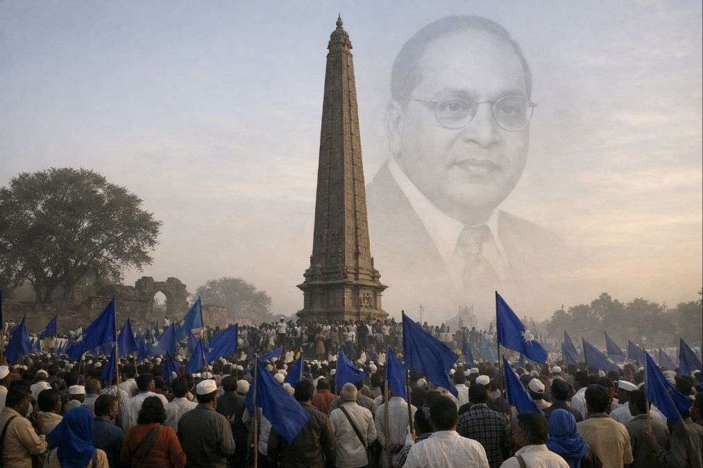 Bhima Koregaon victory pillar with Ambedkar symbolizing Dalit history and January 1 significance