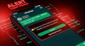 Fake Happy New Year 2026 WhatsApp message showing APK scam warning