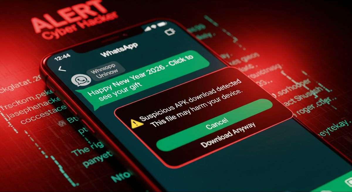 Fake Happy New Year 2026 WhatsApp message showing APK scam warning