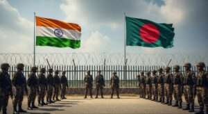 India and Bangladesh flags with soldiers facing each other amid border tension