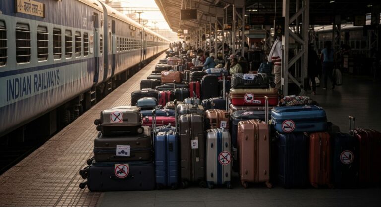 Indian Railways luggage rules explained with train and suitcases at platform