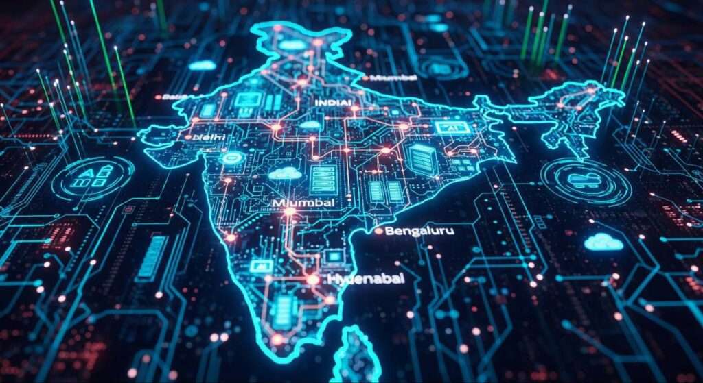 India's AI and cloud technology expansion shown through digital circuits and connected cities.
