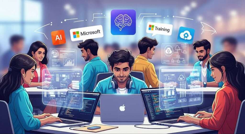 Indian youth learning AI and cloud skills as part of Microsoft's technology upskilling initiatives.
