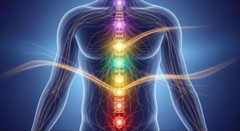 Illustration of prana energy flowing through nadis and chakras in the human body