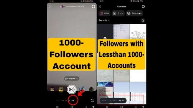 Instagram live option visible for 1000 followers account and missing for less than 1000 followers account comparison