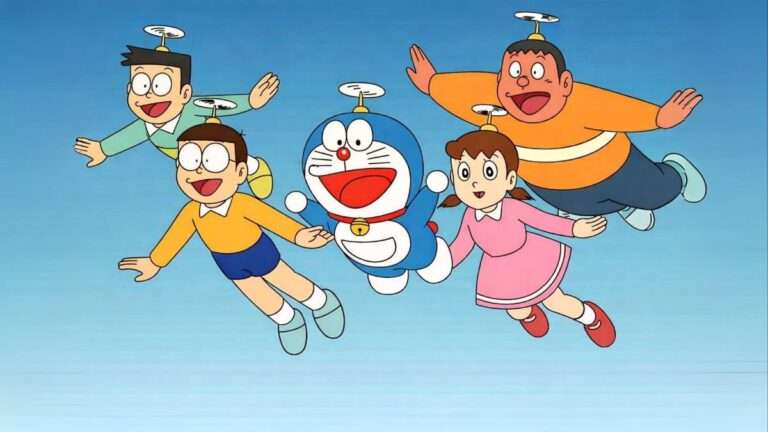 Doraemon flying with Nobita, Shizuka, Gian, and Suneo using bamboo-copters, symbolizing the end of Doraemon's 37-year television journey on RCTI from 1989 to 2026.