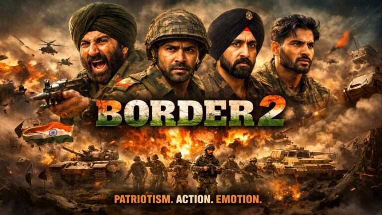 Border 2 movie featured image showing Sunny Deol, Varun Dhawan, Diljit Dosanjh and Ahan Shetty in intense war action scenes with Indian army soldiers, explosions and patriotic background RAAD WORLD AI generated image.
