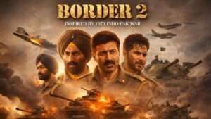 Border 2 official trailer poster featuring Sunny Deol, Varun Dhawan, and Diljit Dosanjh in an intense 1971 Indo-Pak war backdrop