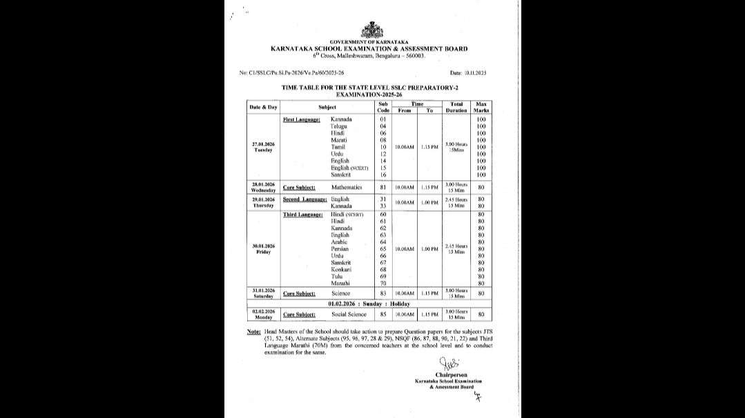 Karnataka School Examination and Assessment Board official timetable for SSLC Preparatory-2 examination 2025-26 showing subject-wise dates and timings