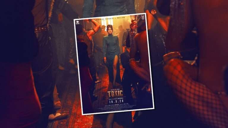 “Rukmini Vasanth as Mellisa in Toxic movie character reveal poster, walking confidently through a dimly lit party scene with intense cinematic lighting and dramatic atmosphere”