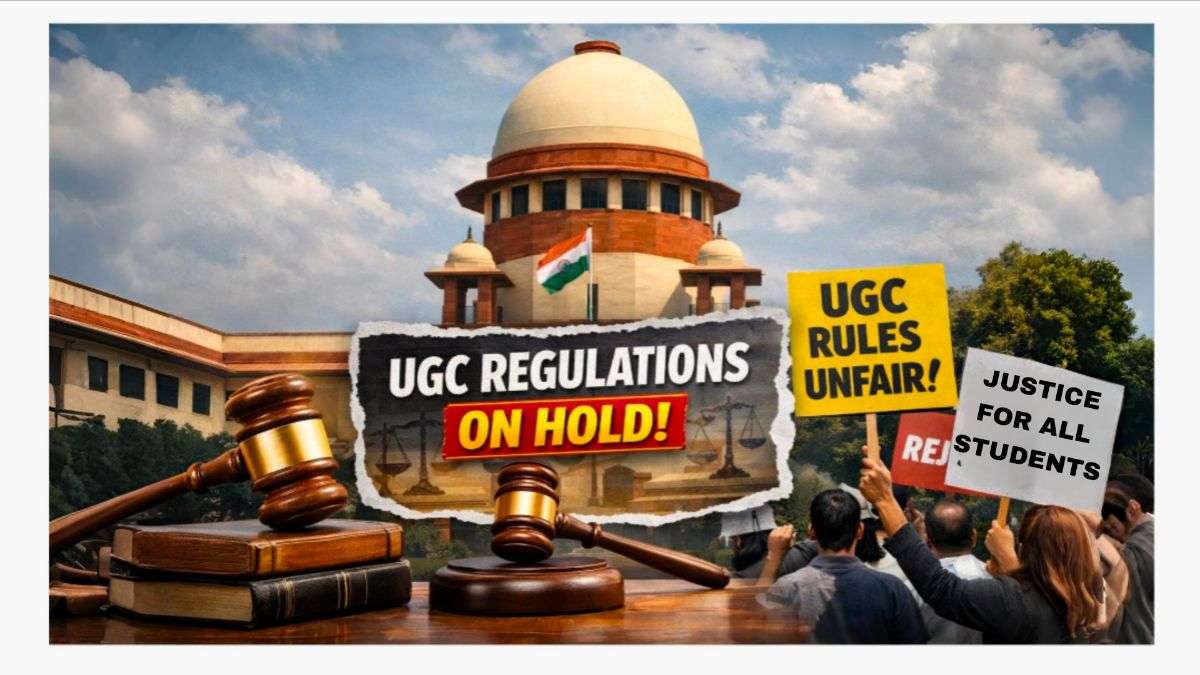 Supreme Court of India building with gavel and law books in the foreground, protesters holding placards, and headline text “UGC Regulations On Hold” representing the Supreme Court stay on UGC decision.