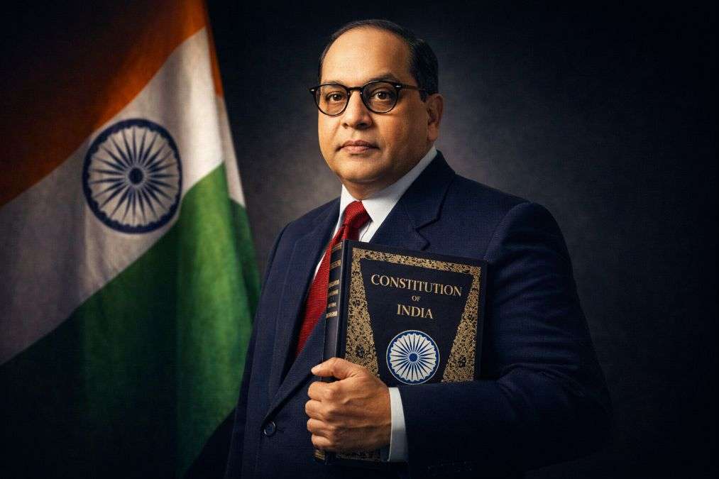 Dr B R Ambedkar with the Indian Constitution.