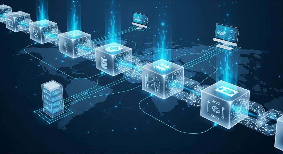 Blockchain technology explained with connected digital blocks and decentralized global network