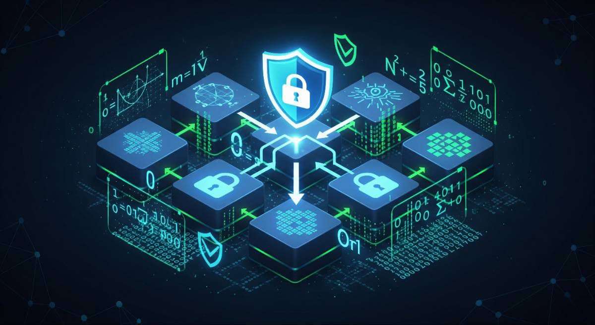 Blockchain security concept showing encrypted data and protected digital blocks