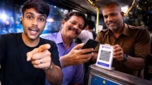 BMTC passenger making UPI payment via PhonePe QR code inside a Bengaluru bus, highlighting the ₹6 ticket turning into ₹62,316 payment mistake incident