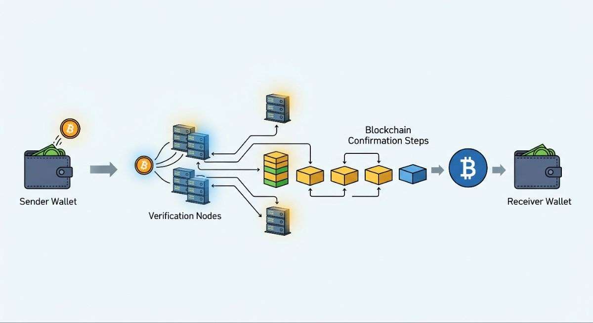 Cryptocurrency transaction process showing sender, blockchain verification, and receiver