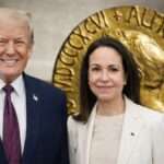 Donald Trump and Maria Corina Machado pictured with a Nobel Peace Prize medal in the background, used in a fact-check article addressing viral claims about a Nobel Peace Prize transfer