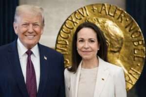 Donald Trump and Maria Corina Machado pictured with a Nobel Peace Prize medal in the background, used in a fact-check article addressing viral claims about a Nobel Peace Prize transfer