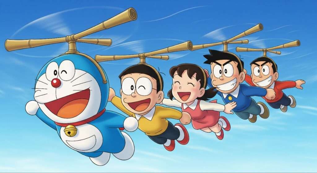 Doraemon flying with Nobita, Shizuka, Gian, and Suneo using bamboo copters, representing the end of Doraemon's 37-year television broadcast on RCTI from 1989 to 2026.