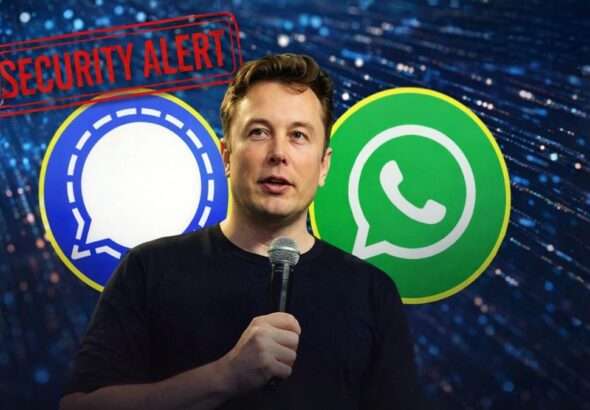 Elon Musk speaking with Signal and WhatsApp logos in the background, highlighting a security alert over encrypted messaging apps and privacy concerns.