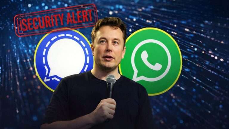 Elon Musk speaking with Signal and WhatsApp logos in the background, highlighting a security alert over encrypted messaging apps and privacy concerns.