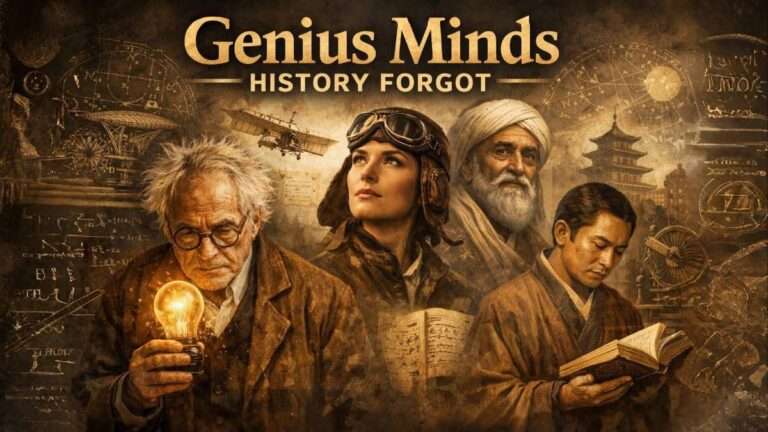 Illustration of forgotten genius minds in history representing overlooked scientists, inventors, and thinkers who changed the world