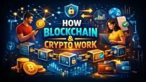 How blockchain and cryptocurrency work explained with secure digital blocks, crypto transactions, and decentralized finance illustration