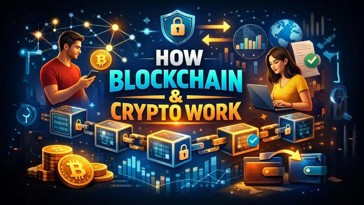 How blockchain and cryptocurrency work explained with secure digital blocks, crypto transactions, and decentralized finance illustration
