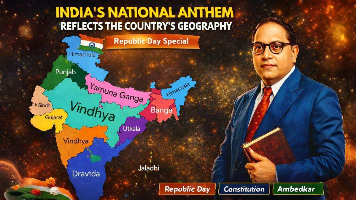 Illustration showing India’s map with geographical regions mentioned in the National Anthem, alongside Dr. B. R. Ambedkar, highlighting Republic Day and constitutional unity.