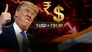 Indian rupee falls to record low against US dollar as USD crosses ₹91, forex market crash illustration