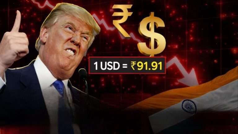 Indian rupee falls to record low against US dollar as USD crosses ₹91, forex market crash illustration