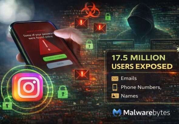 Instagram data leak featured image showing a smartphone security alert, hacker silhouette, and warning that 17.5 million users’ emails, phone numbers, and names were exposed online.