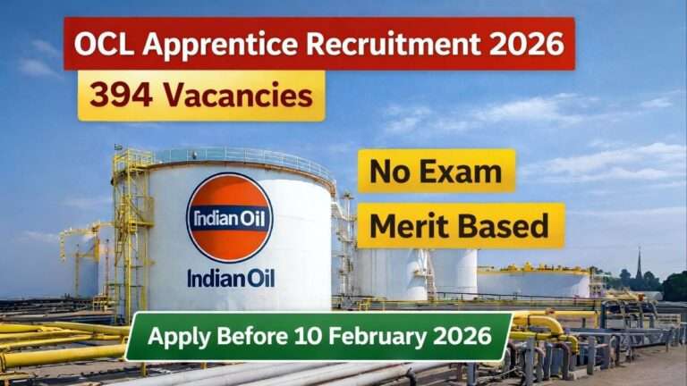 IOCL Apprentice Recruitment 2026 featured image showing 394 vacancies with no exam merit based selection