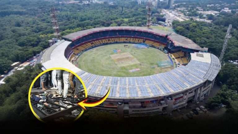 Aerial view of M. Chinnaswamy Stadium in Bengaluru after Karnataka government granted conditional permission to KSCA to host IPL and international cricket matches, highlighting stadium safety and crowd management focus.