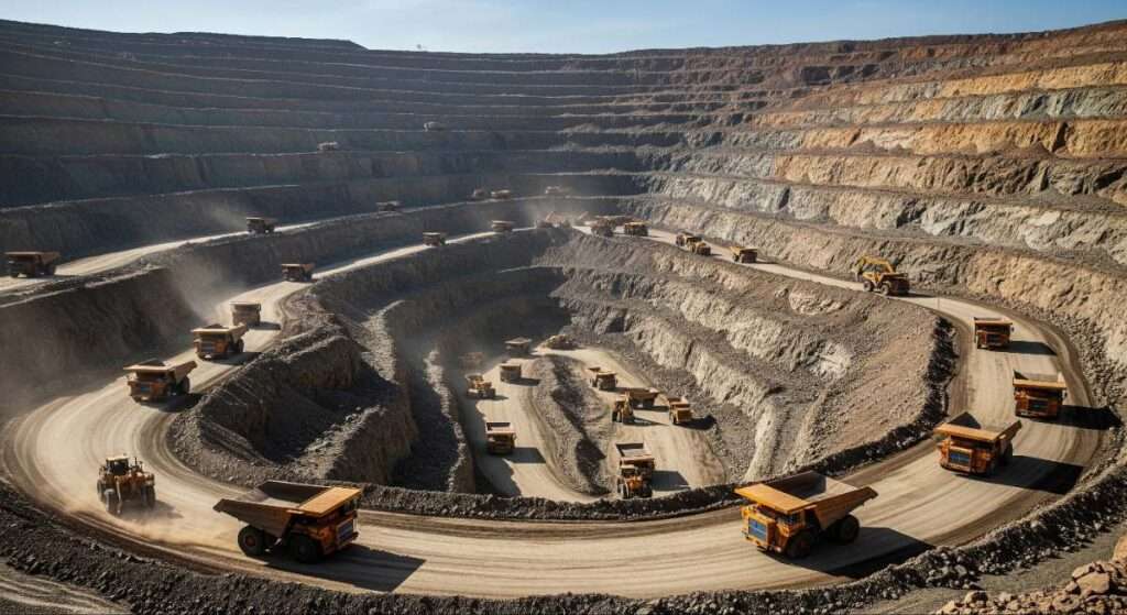 Modern surface-level mining activity at Kolar Gold Fields in Karnataka highlighting the revival of gold production through tailings processing