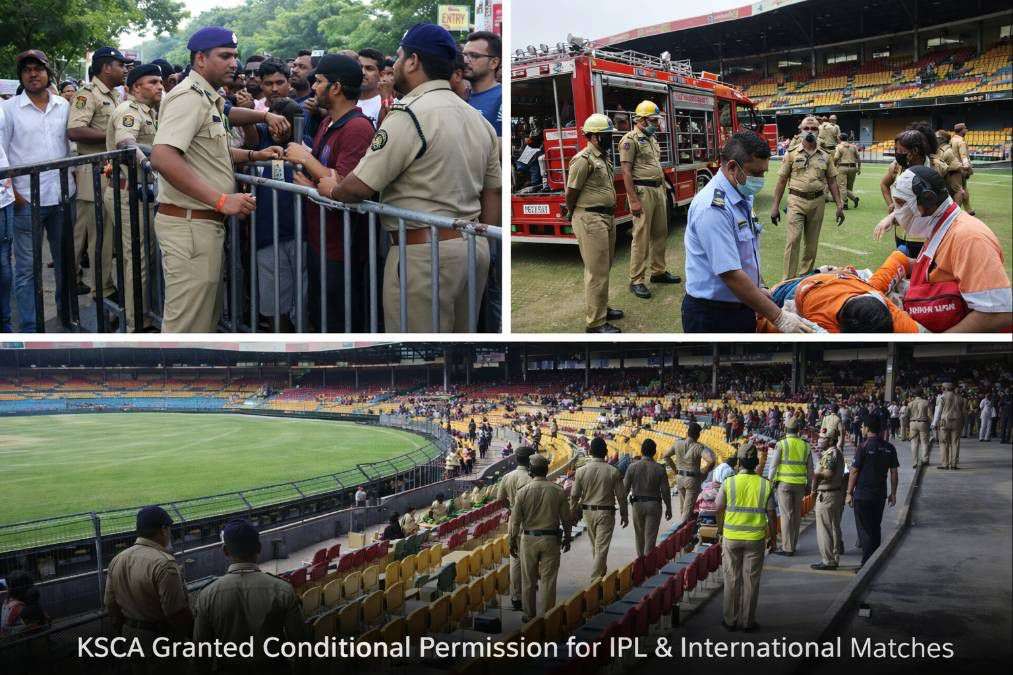 AI-generated image showing security checks, police deployment, emergency response teams, and crowd management arrangements at Bengaluru’s Chinnaswamy Stadium following Karnataka government’s conditional approval for IPL and international cricket matches.