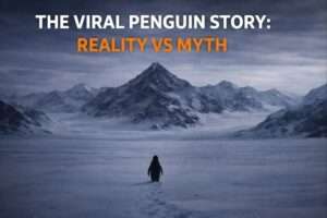 A lone emperor penguin walking away from its colony toward icy mountains in Antarctica, representing the viral penguin story and the contrast between social media myths and scientific reality.