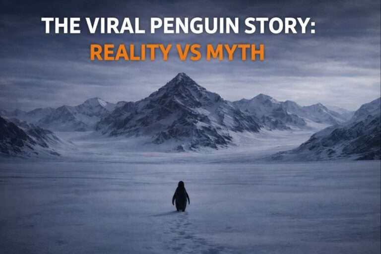 A lone emperor penguin walking away from its colony toward icy mountains in Antarctica, representing the viral penguin story and the contrast between social media myths and scientific reality.
