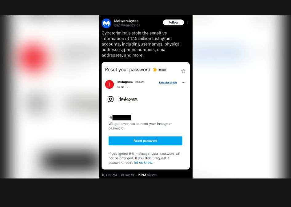 Screenshot showing a Malwarebytes post warning about a possible Instagram data leak, alongside an Instagram password reset email received by a user, highlighting security concerns and unsolicited reset requests.