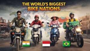 Motorcycle riders from India, Indonesia, Vietnam, and Brazil riding against a world map background representing the world’s biggest bike nations in 2026.